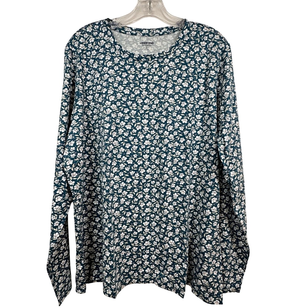Lands End Relaxed Fit Supima Cotton Floral Long Sleeve Top Aegean Sea XL